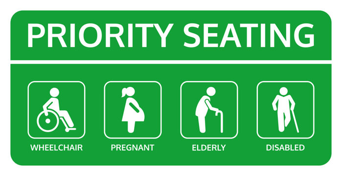 Vector priority seating sign in green and white with four labeled pictograms showing wheelchair user, pregnant woman, elderly person with cane, and disabled person with crutch.