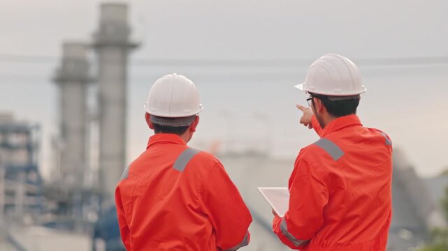 Industrial plant technicians planning energy strategy with tablet during a beautiful sunset evening. Reliable infrastructure requires continuous monitoring and careful evaluation.