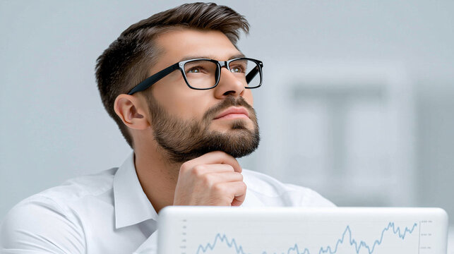 A businessman scrutinizes a fluctuating graph on a laptop screen, representing the volatility of cryptocurrency investments. The scene is set in a modern office with ample copy space for adding text