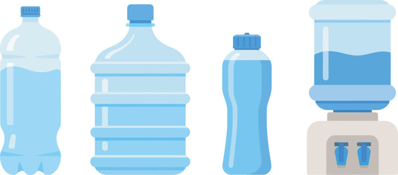 Set of plastic water bottles and cooler dispenser isolated vector pack featuring bottled water containers, refillable dispensers and hydration equipment for office, home and outdoor use visuals.