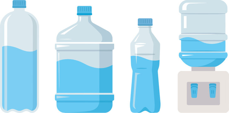 Set of plastic water bottles and cooler dispenser illustration vector collection representing hydration, beverage storage and drinking water supply concepts for everyday lifestyle and refreshment 