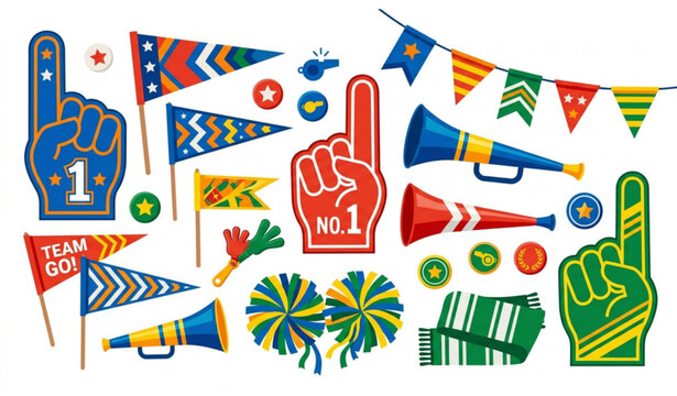 Sports fan attributes and cheerleading equipment vector illustration collection