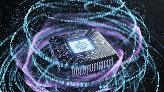 Glowing computer chip processes swirling digital streams of data in abstract space