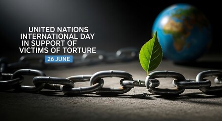 United Nations International Day in Support of Victims of Torture poster with chain leaf and globe.