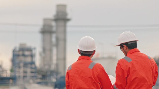 Skilled manufacturing team collaborating on technical site check outside the modern power station. Reliable infrastructure requires continuous monitoring and careful evaluation.