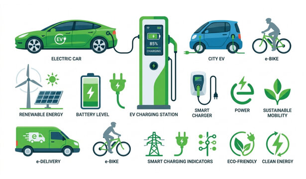 Electric vehicle technology icons set with EV charging station solar energy and e-bike vector illustration