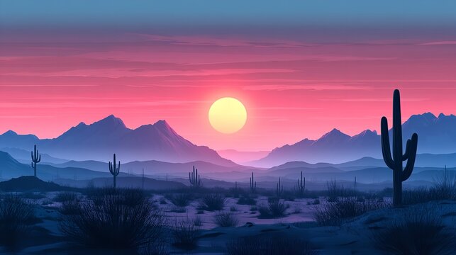 Vibrant Desert Sunset With Silhouetted Cactus Mountain Range Colorful Twilight Landscape Scenic Background