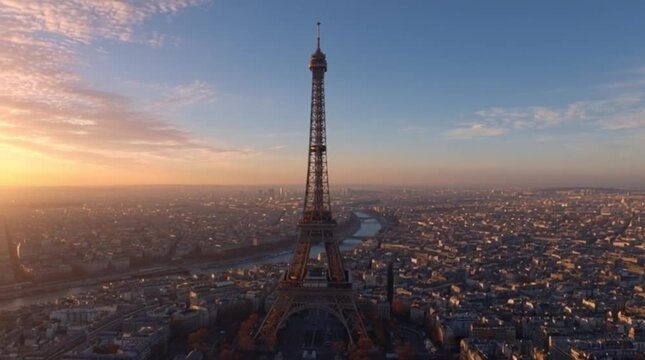 Eiffel Tower at sunset in Paris.