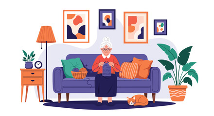 Fototapeta premium Content elderly woman sits on a sofa knitting blue yarn in a cozy living room with a cat plants and decorative paintings.