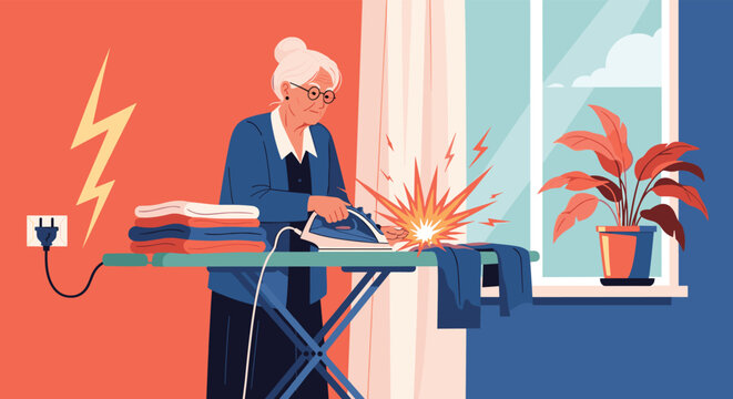 Concerned elderly woman irons clothes at home when the iron starts sparking due to an electrical short circuit and fire hazard.