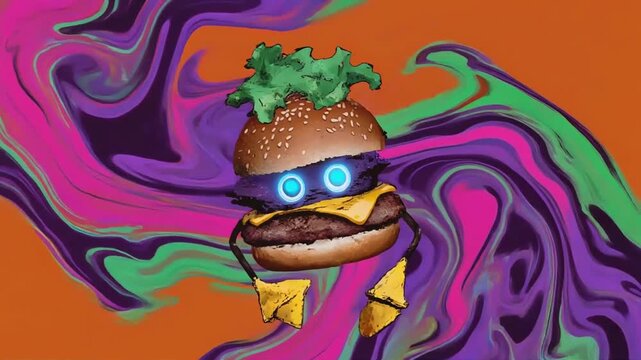 Hamburger character animation featuring glowing blue eyes and floating nachos against a vibrant liquid motion background for creative video