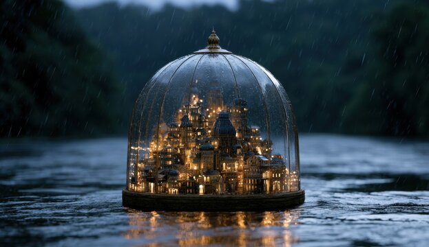 Fantasy castle illuminated inside glass dome floating on dark water surface at twilight