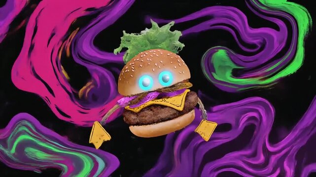 Hamburger character dancing with expressive eyes and arms against a vibrant swirling digital liquid motion background animation video clip