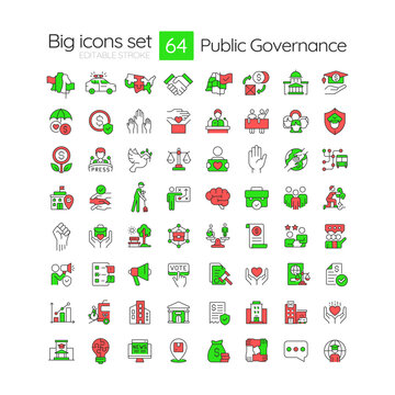 Public governance line color icons set. Collaboration between government, private sector and civil society. Vector illustrations. Simple flat colorful symbols collection. Editable stroke