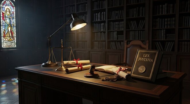 Law book and gavel on desk in dark library office