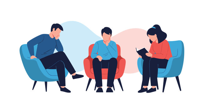 Two men sitting in chairs during group therapy or counseling session while professional female psychologist takes notes.
