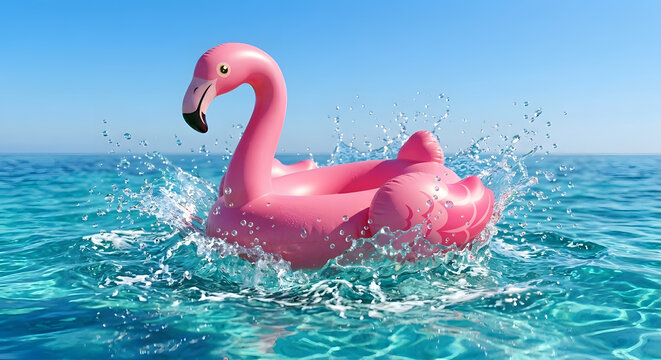 Pink flamingo pool float hitting ocean water with big dynamic splash, summer action shot.