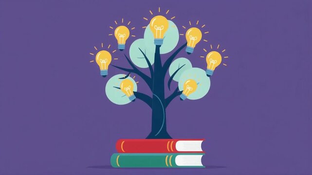 Knowledge tree animation with glowing lightbulbs growing from stack of books symbolizing education and creative thinking for digital motion footage