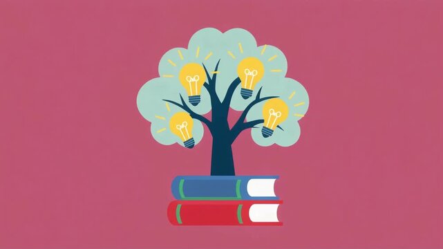 Knowledge tree animation with glowing light bulb fruits growing from books representing learning and education in this digital motion clip