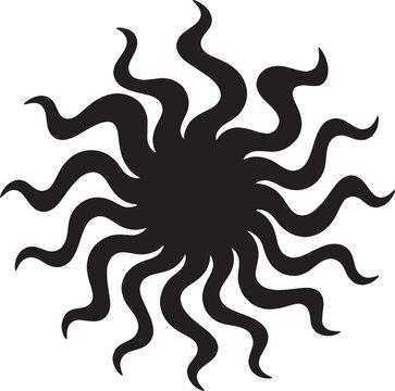 Black sun symbol with wavy rays as a circular graphic icon isolated on transparent background, Vector
