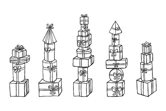 Stacked gift boxes with ribbons and bows arranged in tall towers, creating festive and joyful holiday atmosphere