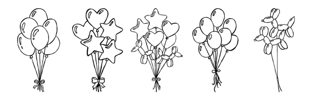 Bunches of balloons in various shapes including round, heart, star, and animal shapes tied with ribbons, outlined in black and white