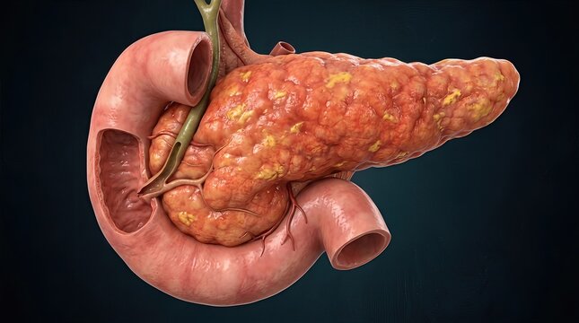 Pancreatitis, severe inflammation of the human pancreas, a crucial internal organ within the digestive system, highlighting a critical medical condition and its health implications