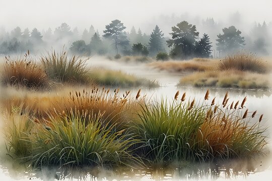 Sedge in a misty morning landscape