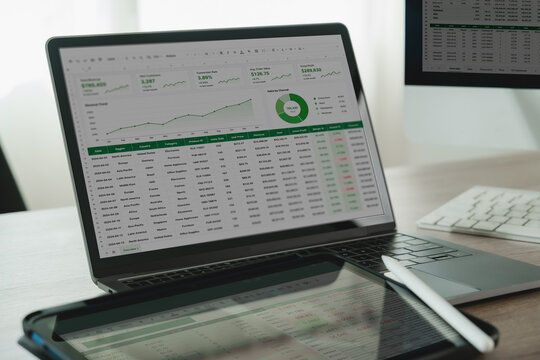 Laptop and tablet screens display spreadsheet dashboards with charts, graphs, financial data, revenue, cost, profit, forecast, metrics and report analysis for business management review.
