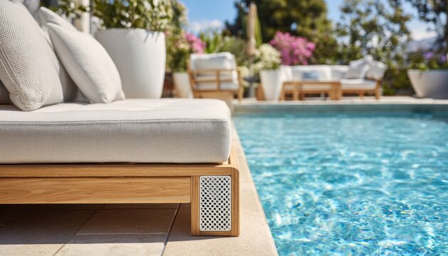 Portable speaker on a wooden poolside lounge chair by a sparkling blue swimming pool