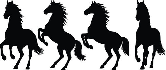 Horse silhouettes vector collection set featuring wild stallions running and rearing up with flowing manes isolated on white background © Arifuxxaman