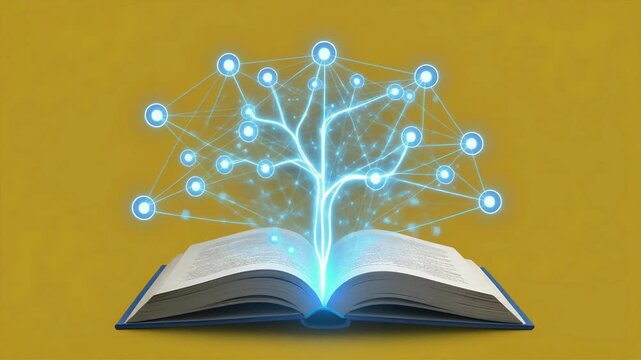 Open book with glowing digital network tree animation representing knowledge growth and data connectivity in this seamless motion video clip