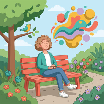 Person synesthesia hearing birdsong seeing colors sitting garden bench 3D vector cartoon illustration, neurological condition perception awareness science, vivid coral golden teal lavender design