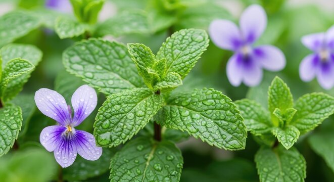 Fresh mint leaves covered in dew drops with purple flowers