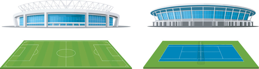 Set of stadium facades with soccer field and tennis court vector illustration representing sports infrastructure, athletic venues and modern recreational facility design concepts. © Sahed