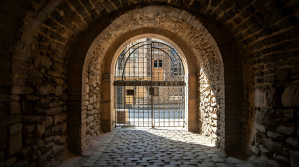 Fototapeta premium depicting an ancient stone tunnel with a cobblestone floor. The tunnel leads to an arched exit, through which bright, golden sunlight pours in, creating a stark contrast 