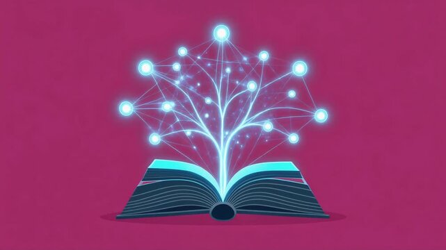 Open book animation featuring glowing digital tree network emerging from pages representing knowledge growth and data connectivity motion video footage
