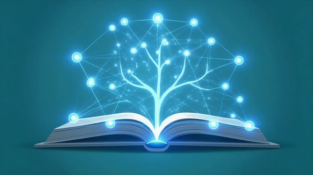 Open book glowing with digital tree network animation concept representing knowledge and artificial intelligence connection in modern motion video clip