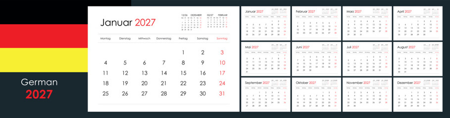 German language 2027 yearly calendar planner template with horizontal grid layout on a white background © pawczar