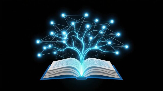 Open book glowing with digital tree of knowledge and data network nodes for educational technology motion video background clip