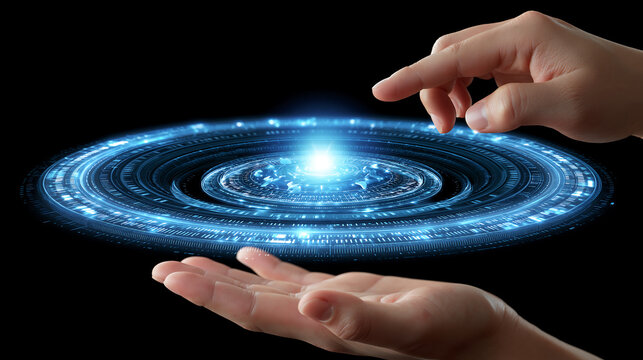 finger interacting with futuristic glowing interface digital hologram technology neon elements modern touch display concept