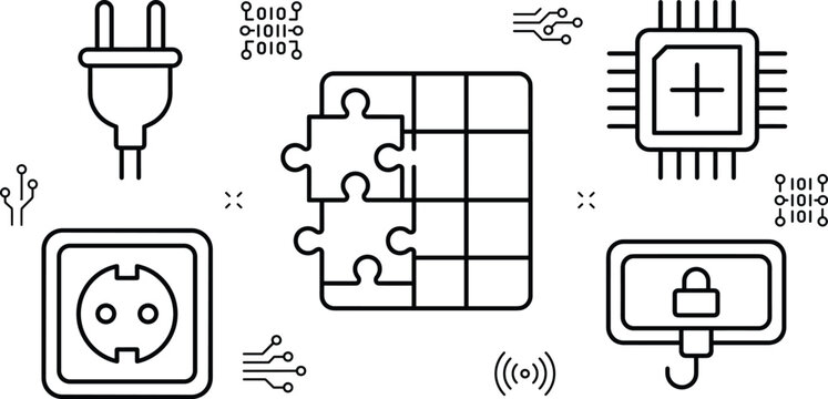 Electronic Power Plug and Smart Tech Hardware Icon Set for Cybersecurity System Designs