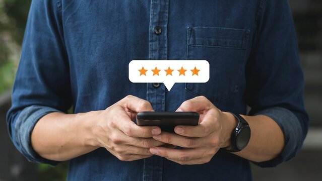 Customer satisfaction rating displayed as five golden stars on a mobile phone held by a person in a blue denim shirt
