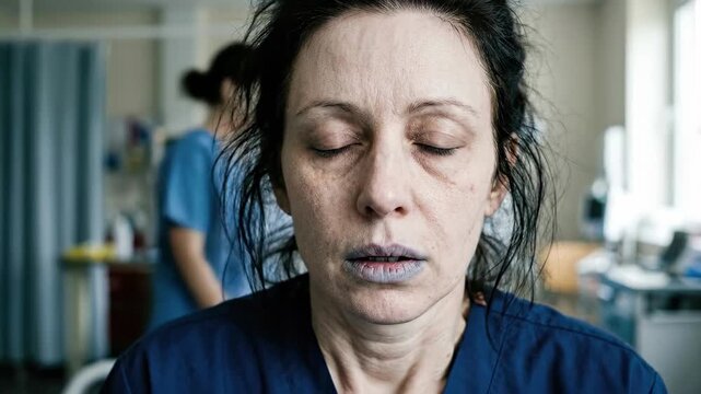 Patient struggling with acute iron deficiency anemia, displaying cyanosis and profound fatigue, a grave blood disorder within a medical facility