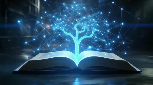 Glowing digital tree rising from an open book motion footage representing knowledge growth and advanced technology development in animation