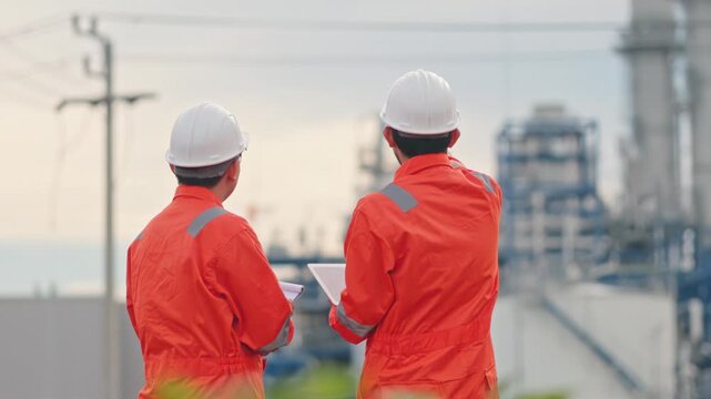 Asian male engineers discussing facility maintenance project during a beautiful sunset evening. Outstanding teamwork prevents hazardous workplace accidents completely. Great execution.