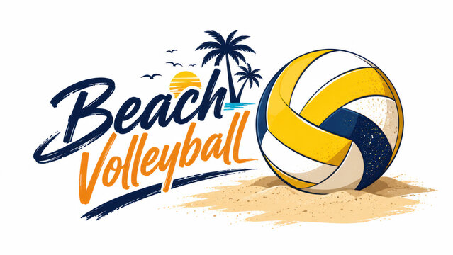 Beach volleyball logo design with a ball palm tree and sun in yellow and blue