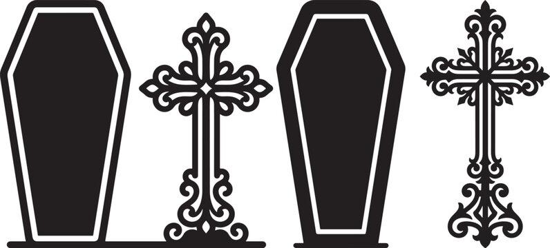 Coffins and ornate crosses silhouette funeral symbols black vector on white background with religious silhouette cemetery mourning