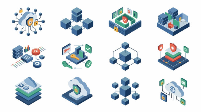 Collection of isometric icons representing cloud computing, data security, and network infrastructure concepts.