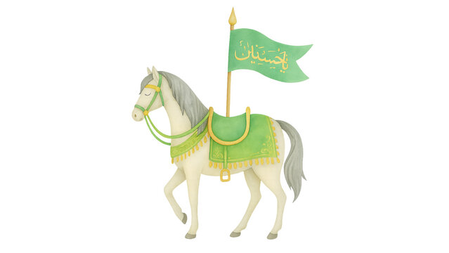 Illustration of a white horse with green Ya Hussain flag for Muharram